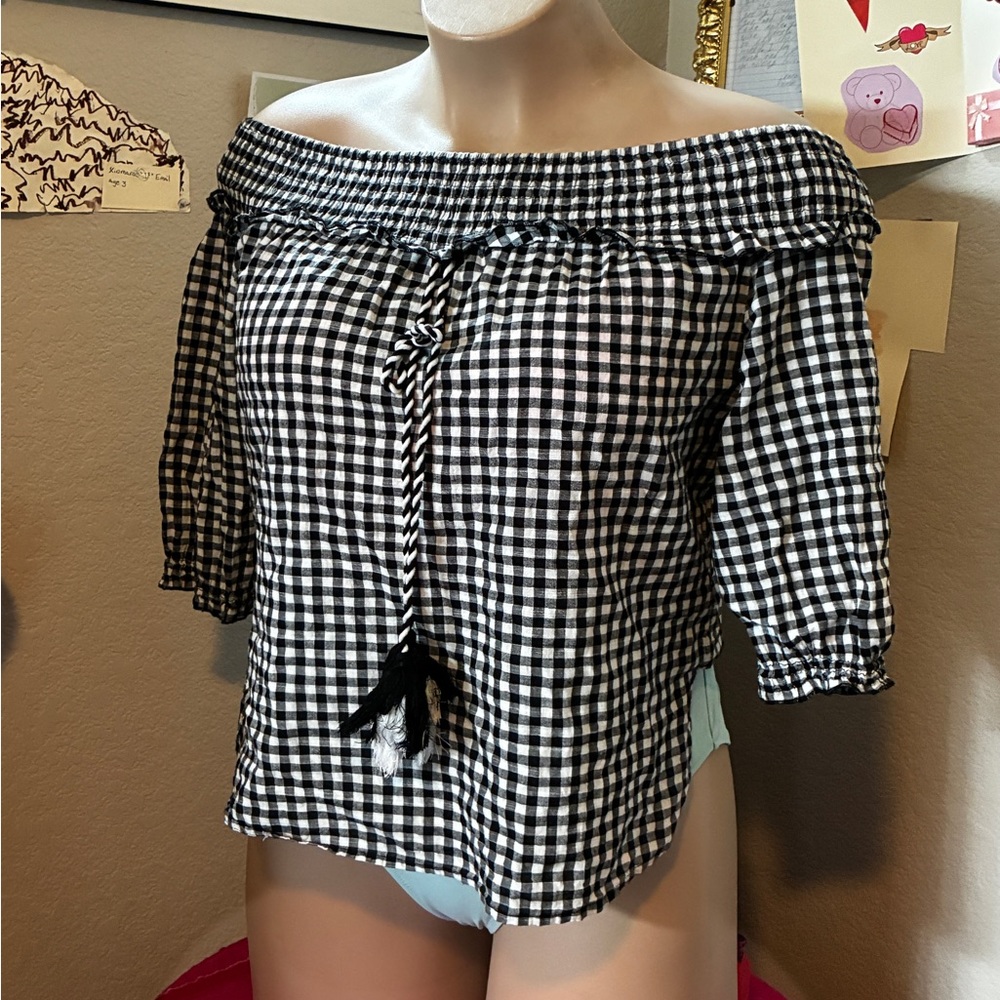 Mud Pie Black & White Gingham Off-the-Shoulder Blouse
